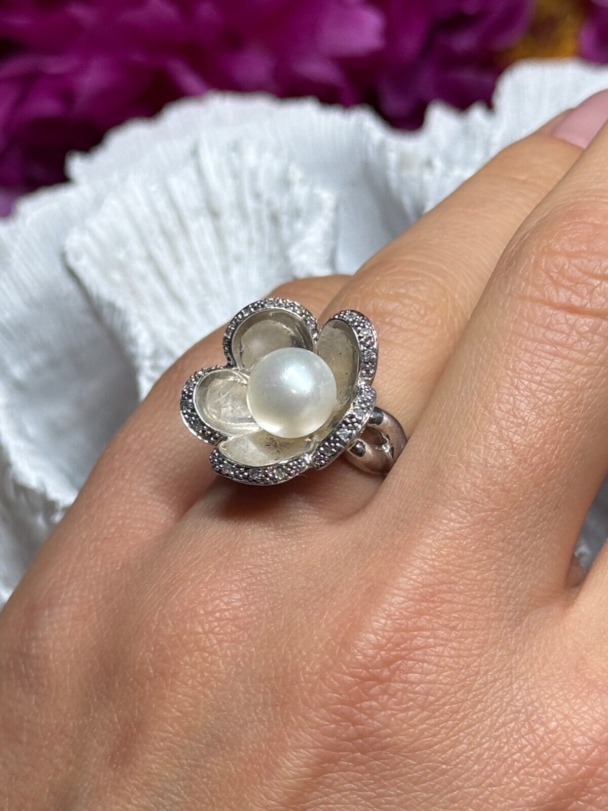 925 STERLING SILVER PEARL & WHITE SAPPHIRE FLOWER RING SIZE 5.5