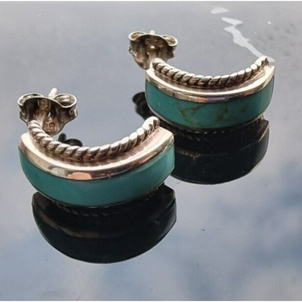 VINTAGE 925 STERLING SILVER NATURAL TURQUOISE STUD EARRINGS AT