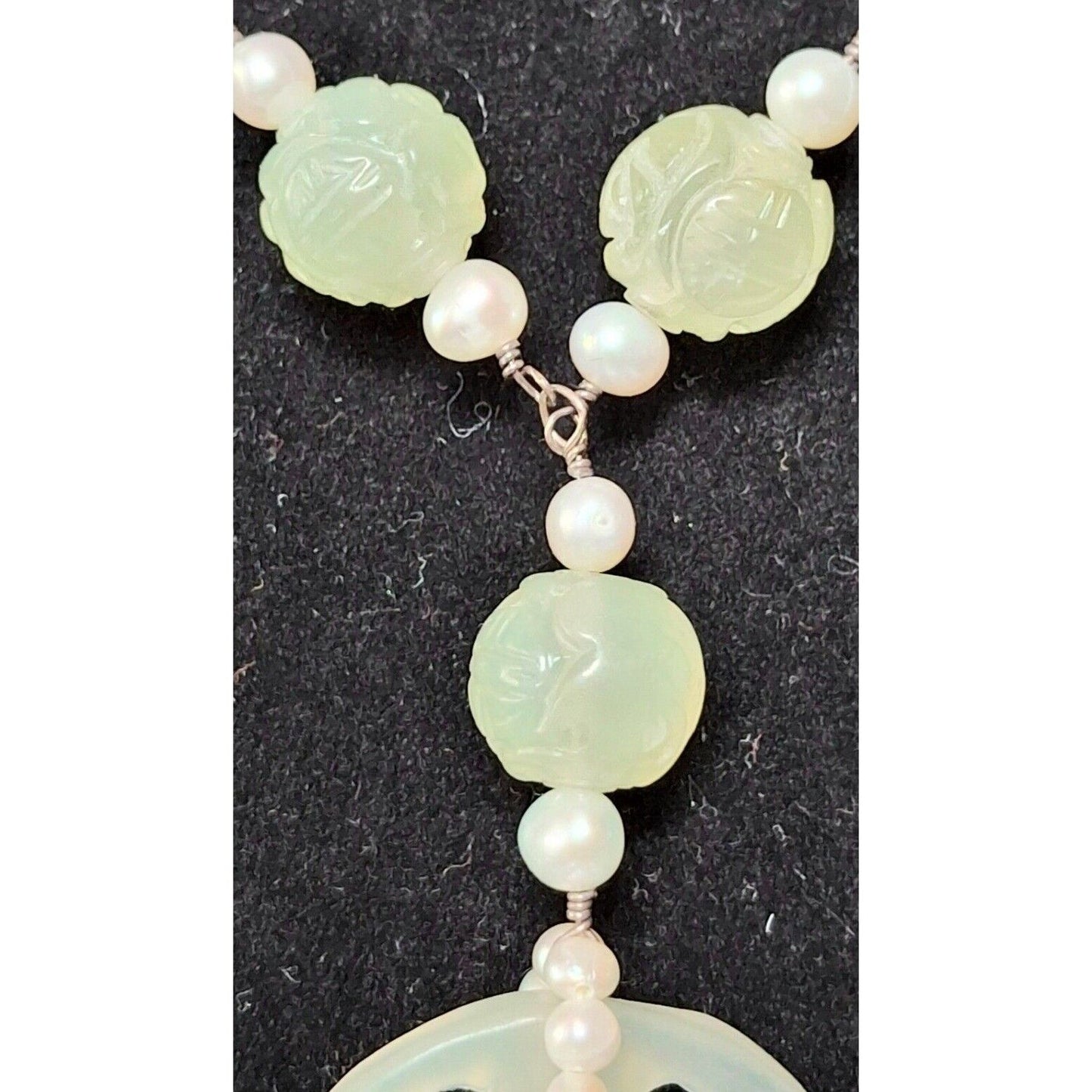 YUA-SAI 925 STERLING SILVER CURVED JADE  AND PEARLS  NECKLACE SKY