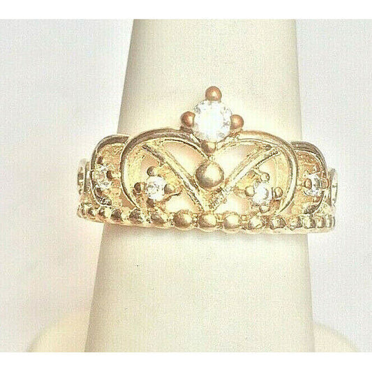 925 STERLING SILVER GOLD ACCENTS CZ CROWN DIADEM RING. SIZE 6.75 SKY