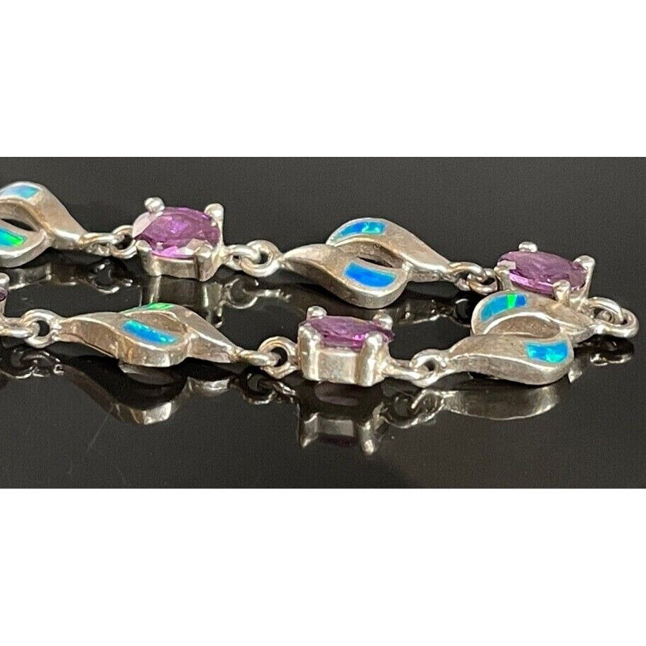 925 STERLING SILVER PURPLE CZ & FAUX OPAL TENNIS  BRACELET SKY