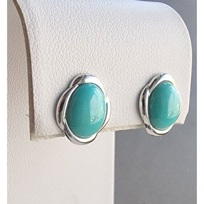 VINTAGE 925 STERLING SILVER NATURAL CABOCHON 10x8 mm. TURQUOISE STUD EARRINGS AT