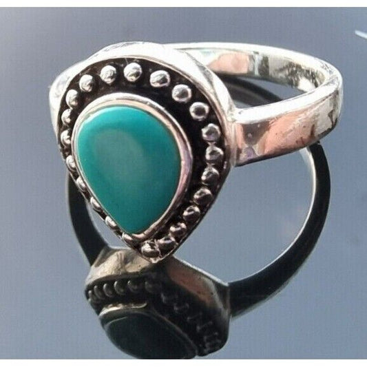 WESTERN STYLE 925 STERLING SILVER TEARDROP  8x6 mm. TURQUOISE RING SIZE 7 AT