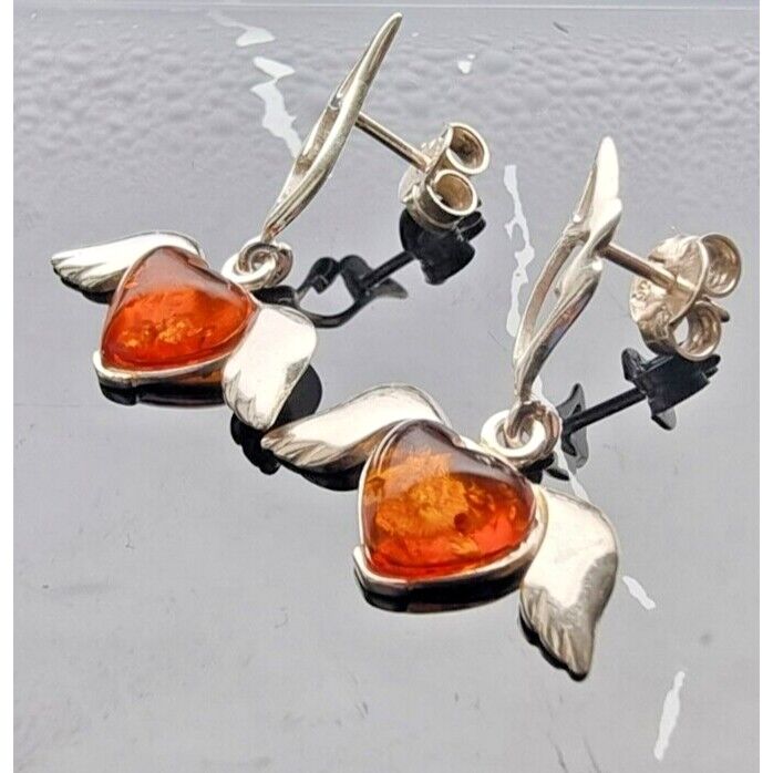 VINTAGE 925 STERLING SILVER HEART BALTIC AMBER, ANGEL WINGS DROP EARRINGS AT