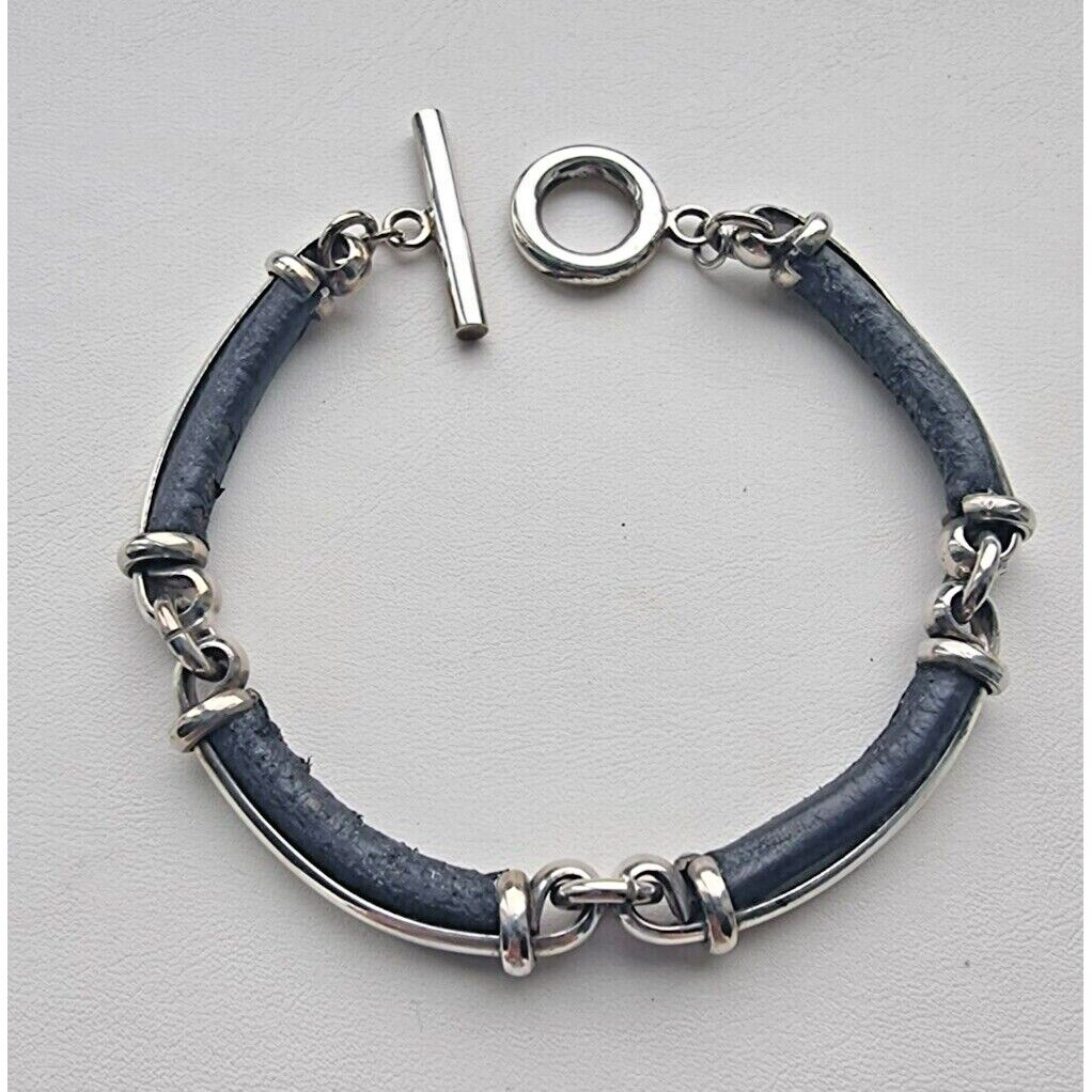 925 STERLING SILVER AND LEATHER LINK TOGGLE BRACELET  8.5 INCH AT