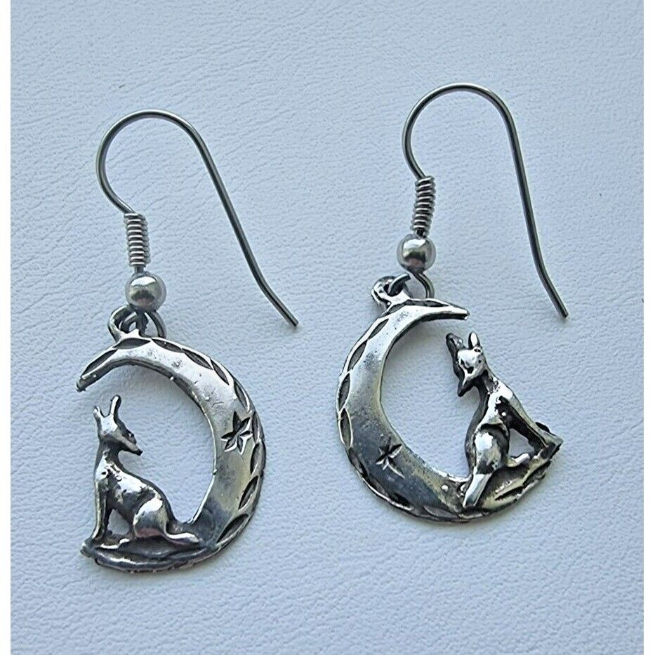 925 STERLING SILVER VINTAGE HOWLING WOLF HALF CRESCENT MOON EARRINGS AT