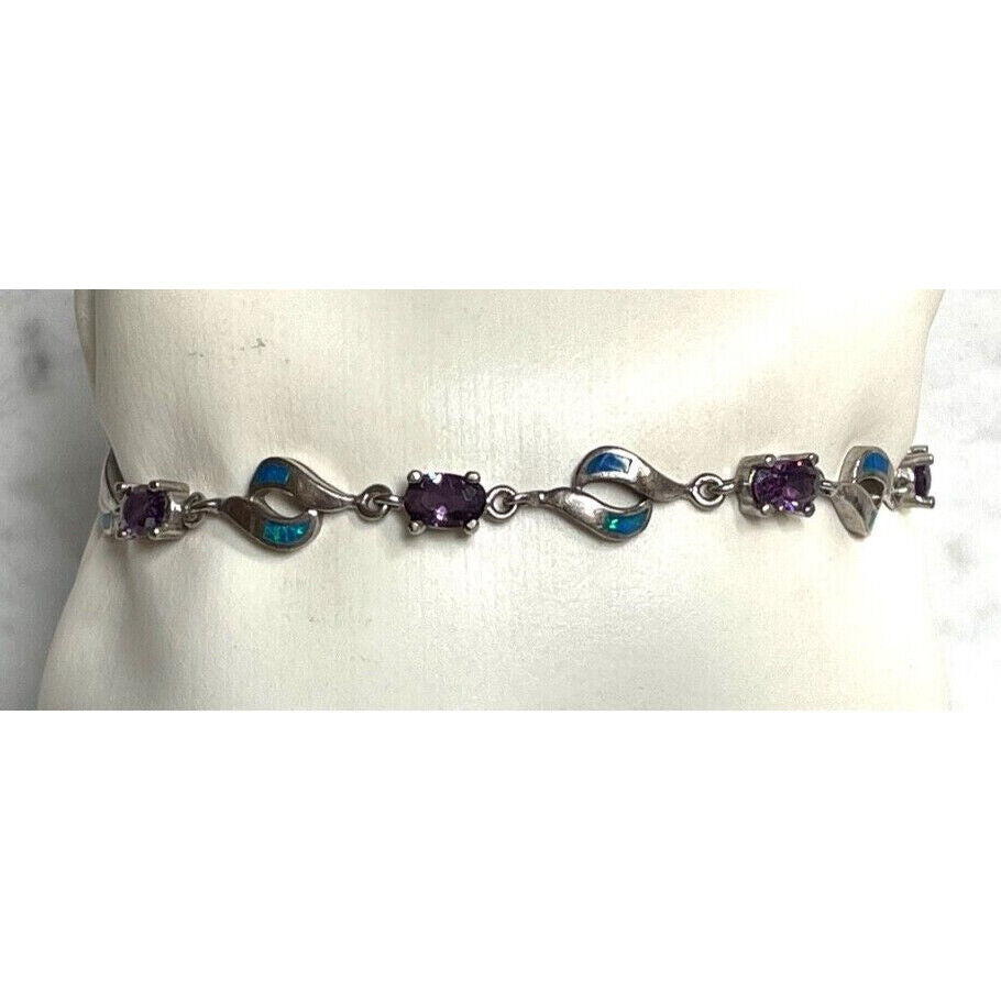 925 STERLING SILVER PURPLE CZ & FAUX OPAL TENNIS  BRACELET SKY