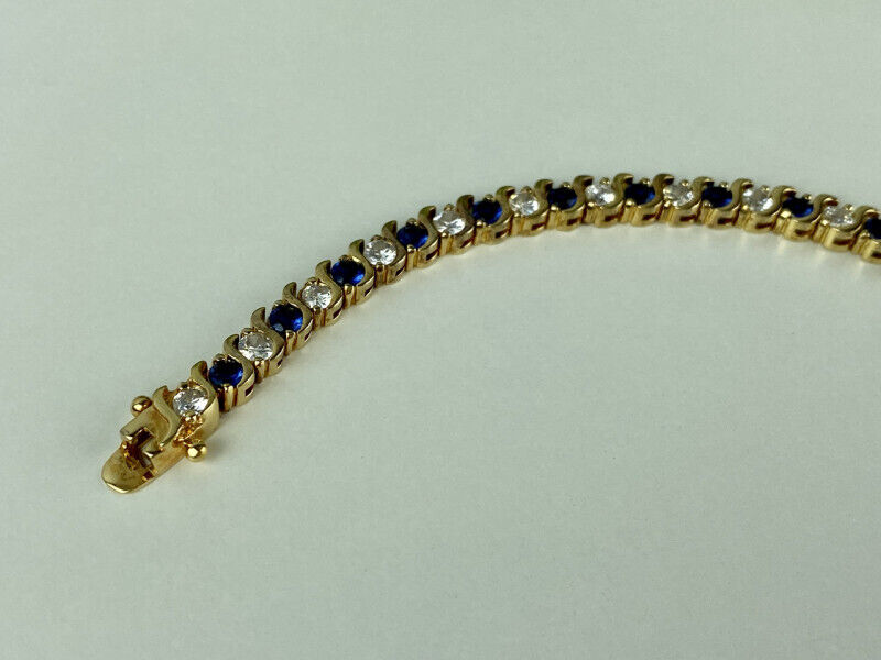 925 STERLING SILVER GOLD PLATED BLUE & WHITE CZ BRACELET