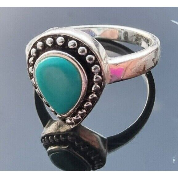 WESTERN STYLE 925 STERLING SILVER TEARDROP  8x6 mm. TURQUOISE RING SIZE 7 AT