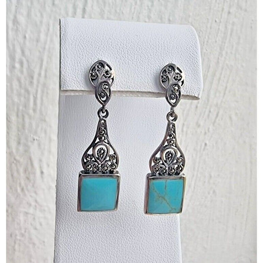 WESTERN FLORAL DESIGN 925 STERLING SILVER TURQUOISE MARCASITE DANGLE EARRINGS AT