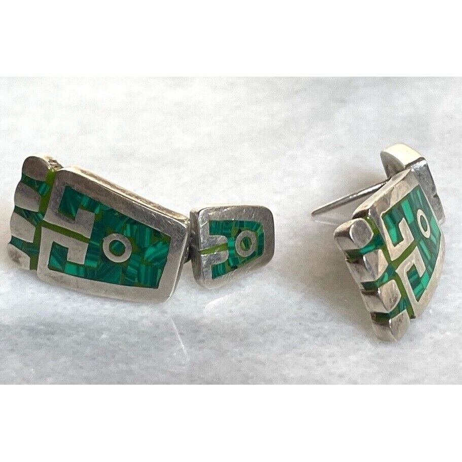 ESCORCIA OF TAXCO 950 STERLING SILVER  MALACHITE INLAYED EARRINGS SKY