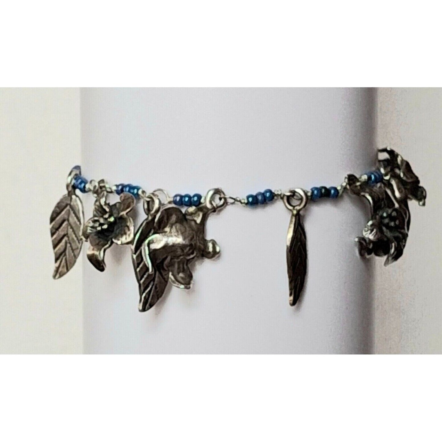 925 STERLING SILVER LEAVES,  FLOWERS  AND SNAKE BEADED CHARM BRACELET SKY