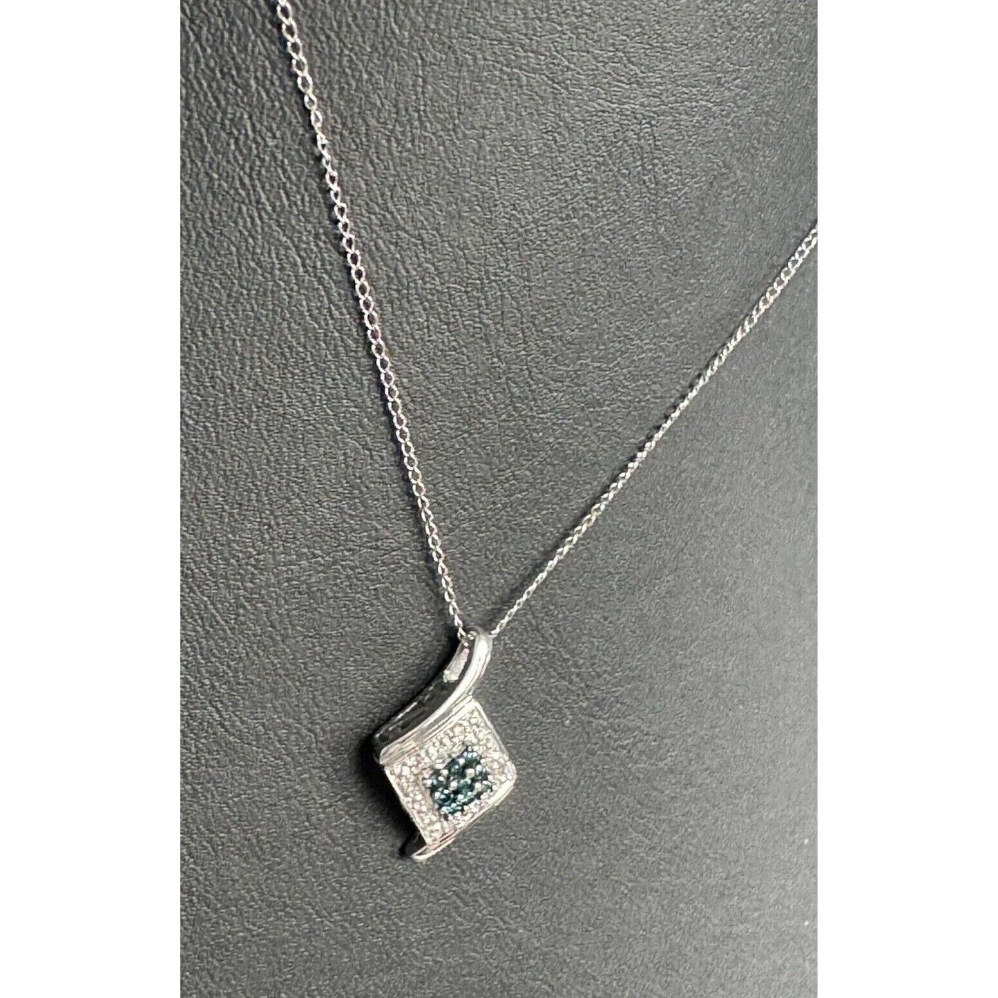 WHITE GOLD TEAL AND CLEAR DIAMONDS PENDANT NECKLACE SKY