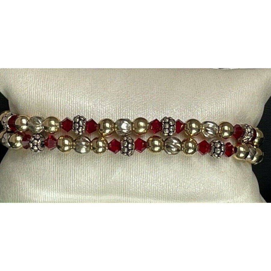 BEAUTIFUL 925 STERLING SILVER,GOLD & RED GEMS BEADED  BRACELET SKY