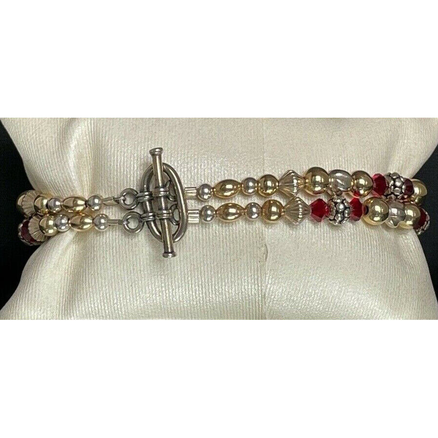 BEAUTIFUL 925 STERLING SILVER,GOLD & RED GEMS BEADED  BRACELET SKY