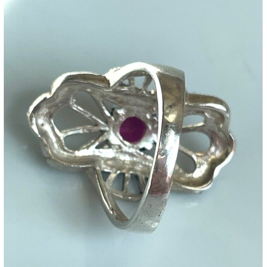 925 STERLING SILVER LAB-CREATED RUBY AND MARCASITES ART DECO STYLE RING SIZE SKY