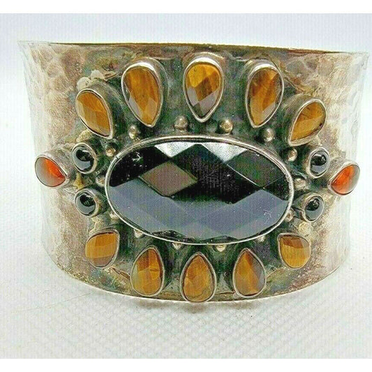 STUNNING MARKED PBB 925 STERLING SILVER TIGER'S EYE ONYX STATEMENT  BRACELET SKY