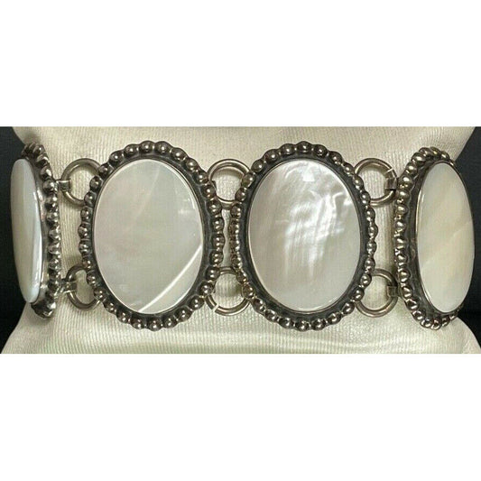 WIDE 925 STERLING SILVER MOTHER OF PEARL STATEMENT BRACELET SKY