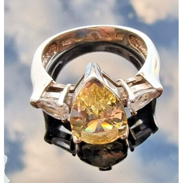 925 STERLING SILVER PEAR SHAPE SPARKLING CITRINE RING SIZE 7 AT