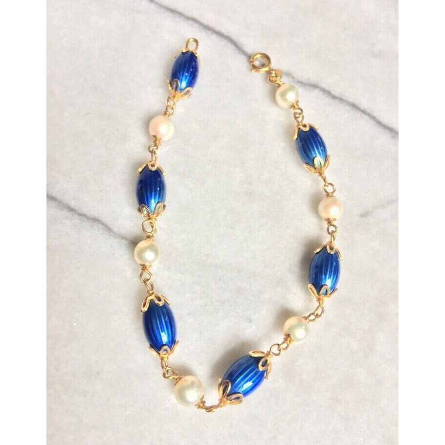 18K YELLOW GOLD GUILLOCHE ENAMEL & PEARLS BRACELET SKY