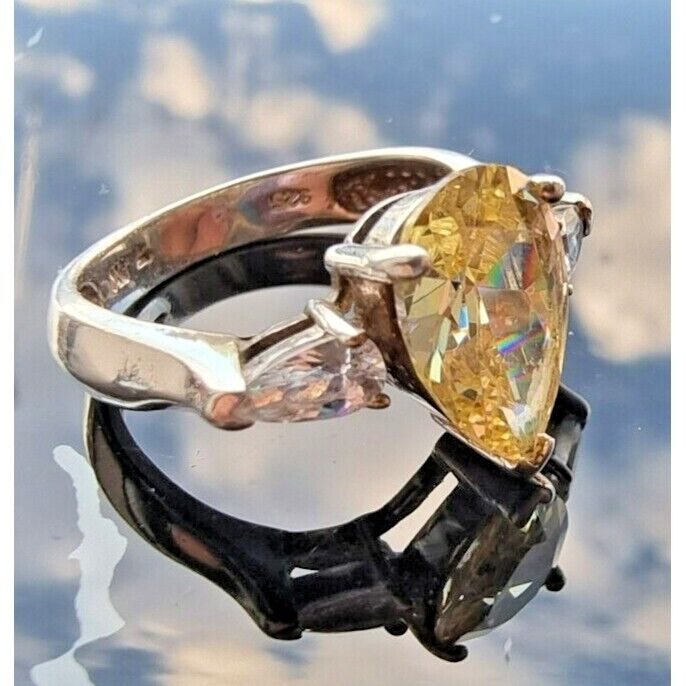 925 STERLING SILVER PEAR SHAPE SPARKLING CITRINE RING SIZE 7 AT