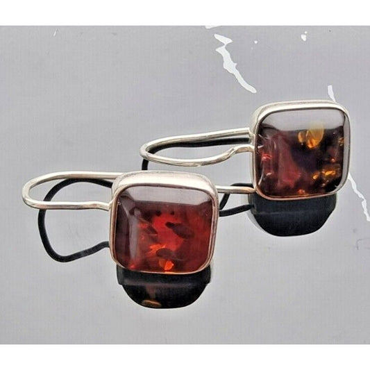 LORI BONN VINTAGE 925 STERLING SILVER NATURAL BALITC 12x12 mm. AMBER EARRINGS AT