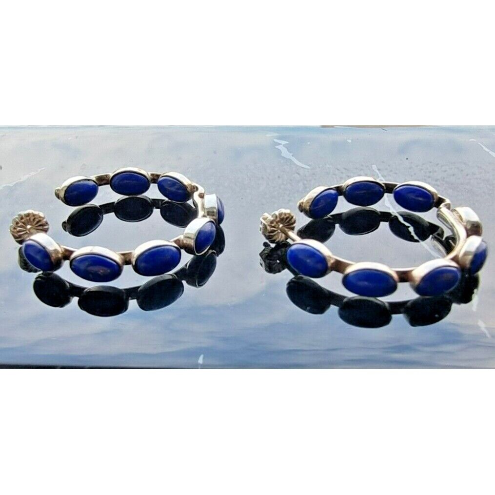 STYLISH 925 STERLING SILVER NATURAL LAPIS LAZULI HOOP EARRINGS AT