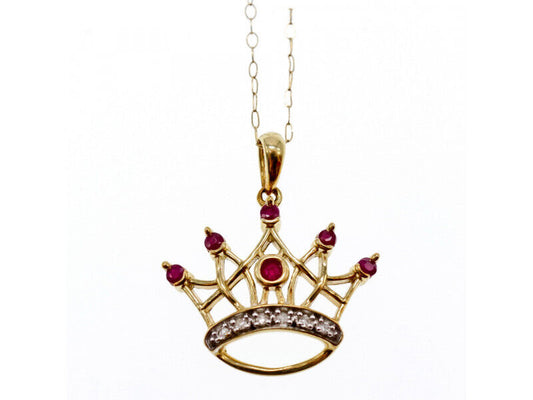 10K YELLOW GOLD RUBIES & DIAMONDS CROWN CHAIN WITH PENDANT