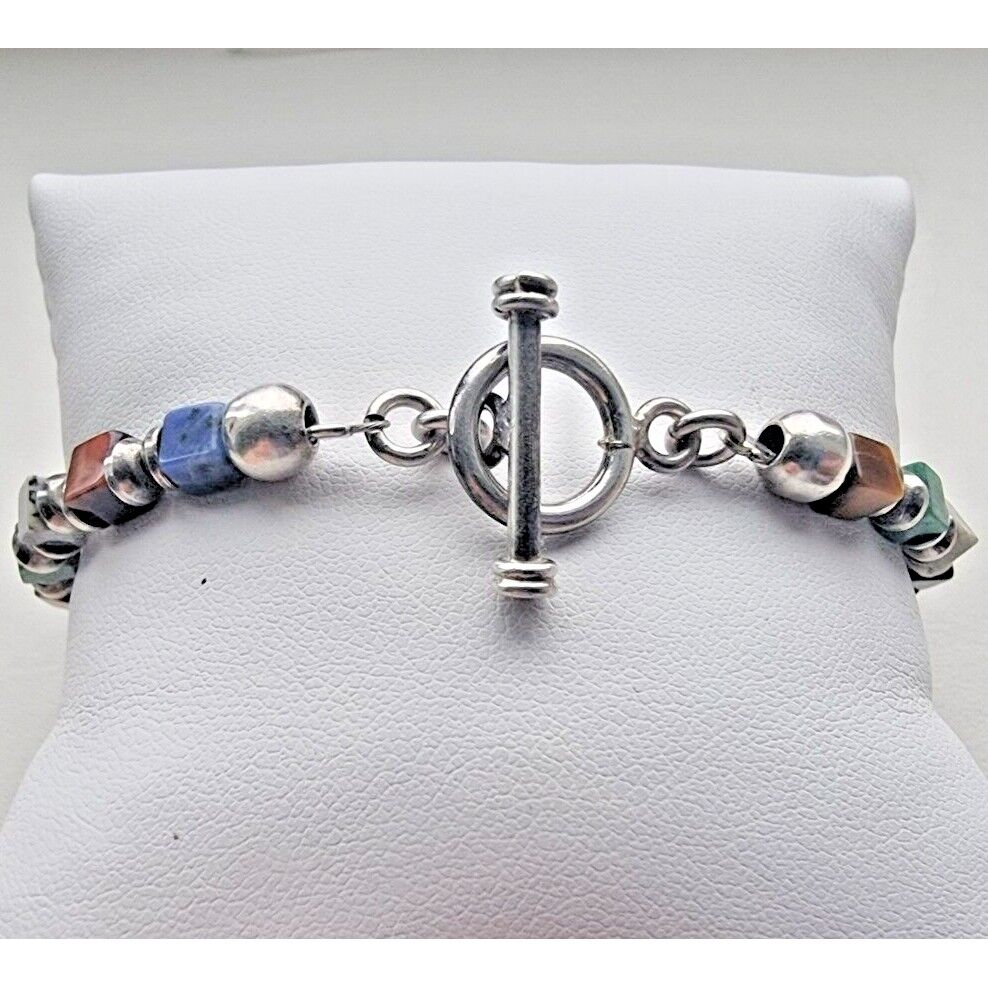 925 STERLING SILVER NATURAL MULTI GEMSTONE TOGGLE CLAPS CUBE BRACELET AT