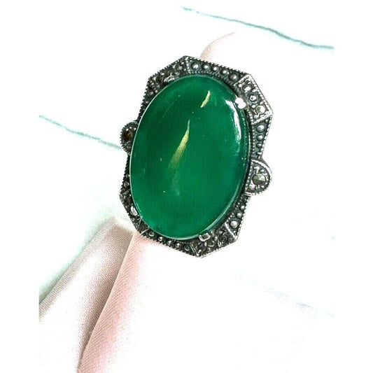 925 STERLING SILVER NEPHRITE AND MARCASITES RING SIZE 3.5 SKY