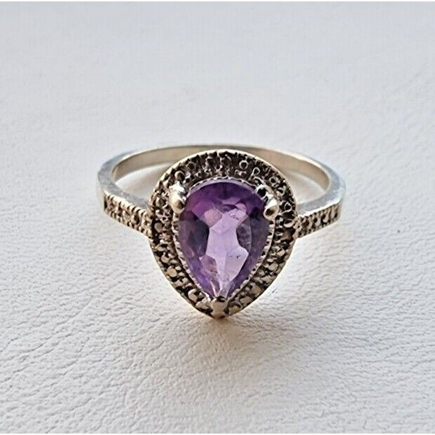 925 STERLING SILVER NATURAL  9x6 mm. PEAR SHAPED AMETHYST RING SIZE 8 AT