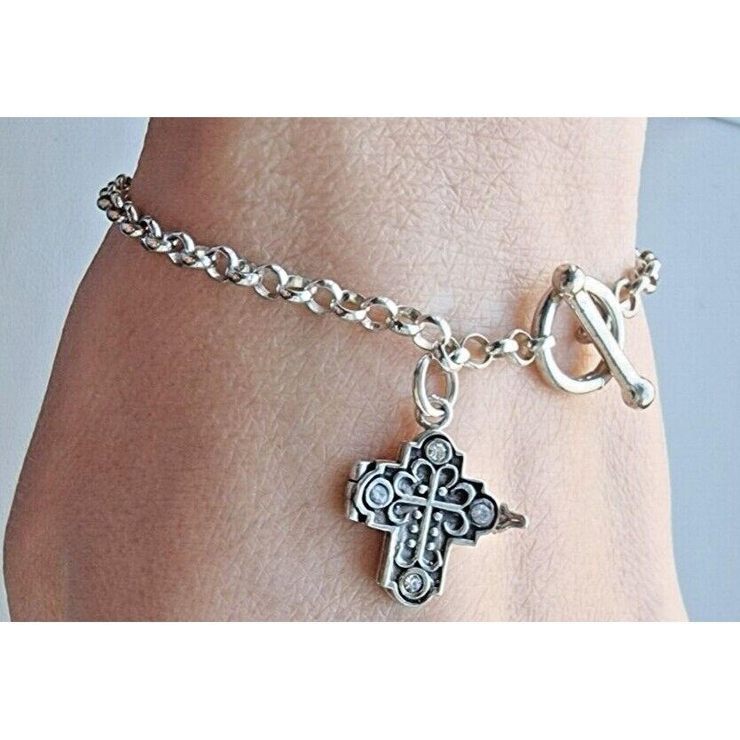 JBB 925 STERLING SILVER ITALY TOGGLE CLASP CHARM BRACELET CROSS  7,25 INCH AT