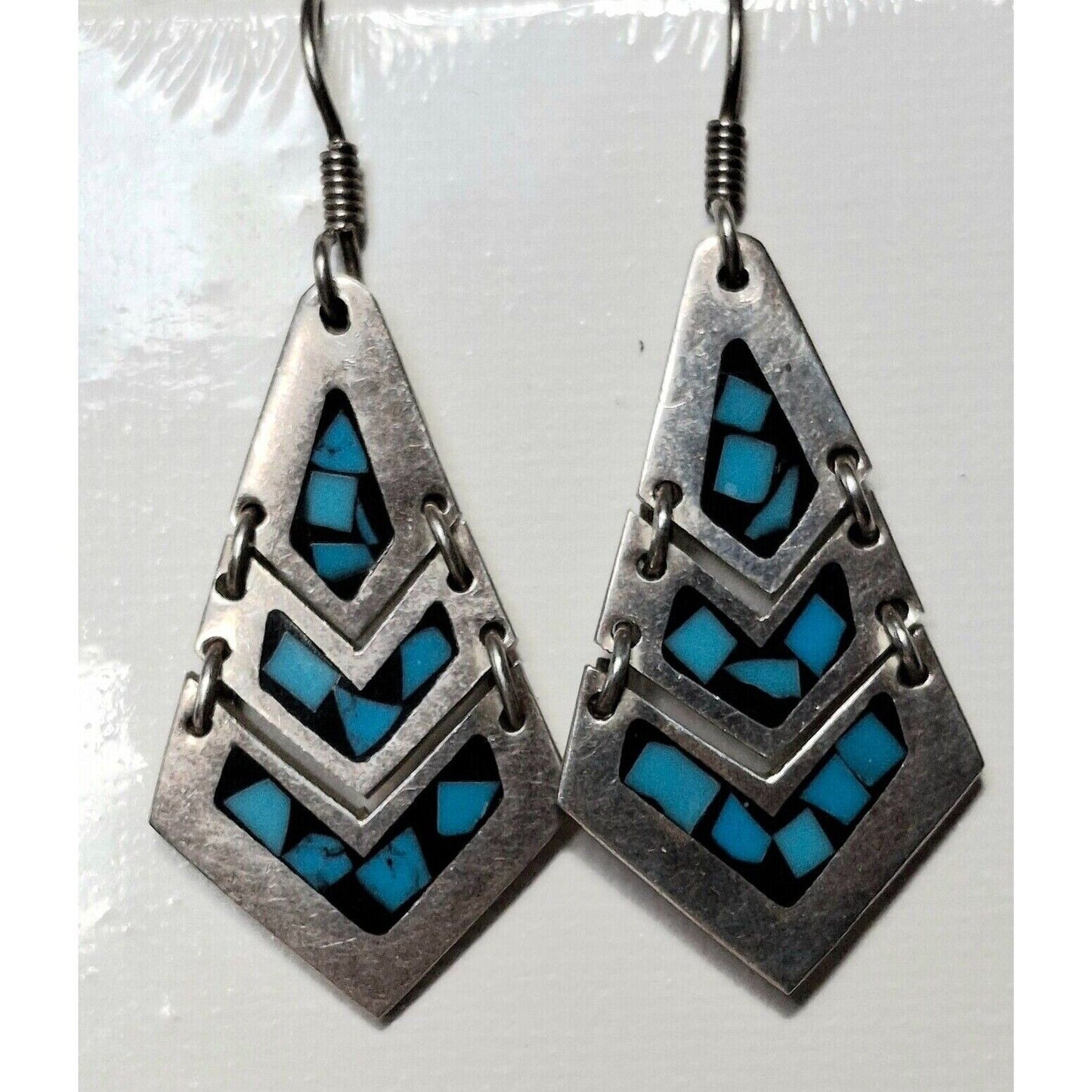 TAXCO 925 STERLING SILVER TURQUOISE INLAID SECTIONAL DANGLE EARRINGS SKY