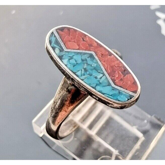 925 STERLING SILVER TURQUOISE AND CORAL RING SIZE 5.75 AT