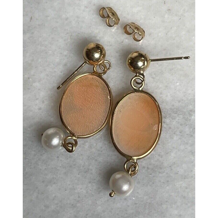 ELEGANT 14K YELLOW GOLD & PEARLS CAMEO EARRINGS SKY