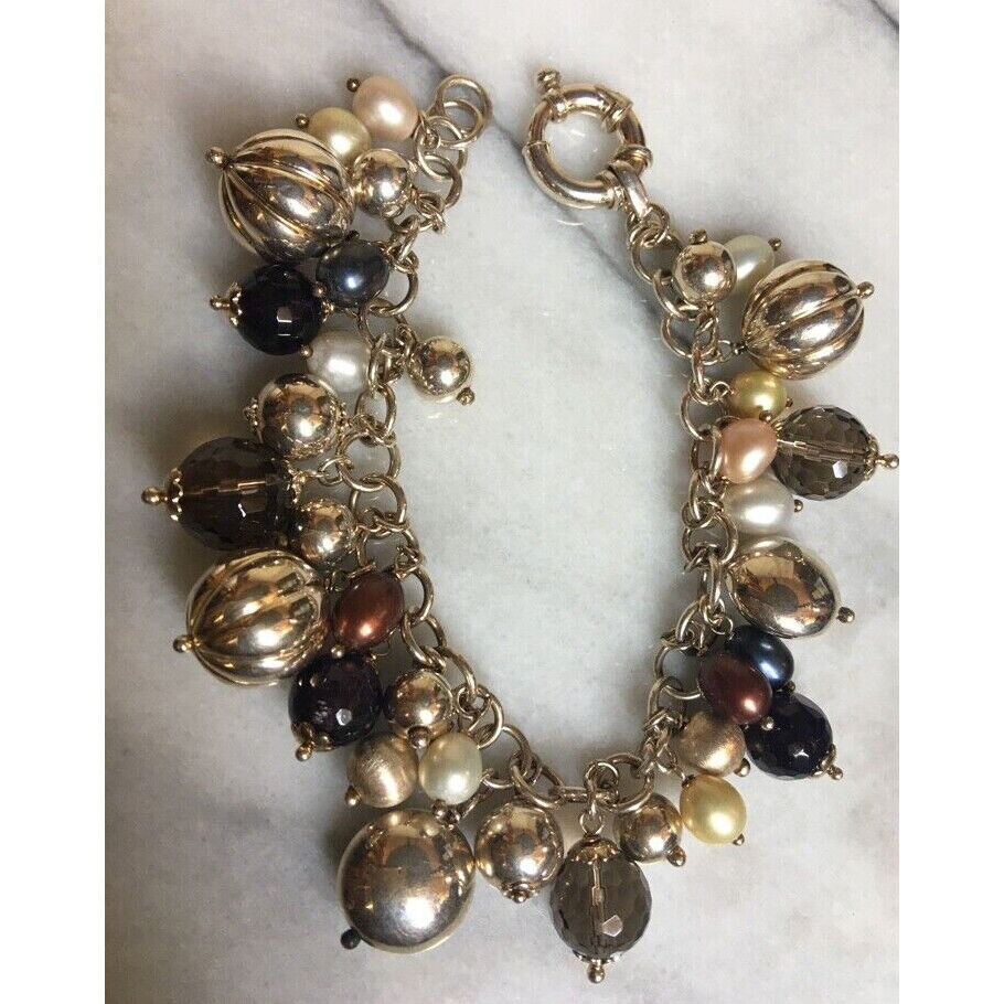 ITALIAN STERLING SILVER PEARLS AND SMOKY QUARTZ CHARM BRACELET SKY