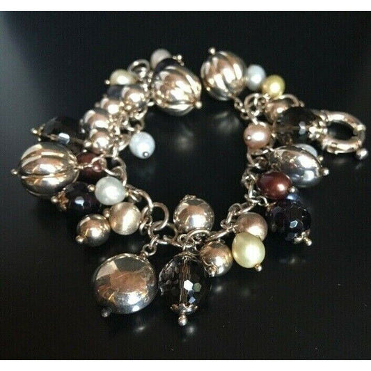 ITALIAN STERLING SILVER PEARLS AND SMOKY QUARTZ CHARM BRACELET SKY