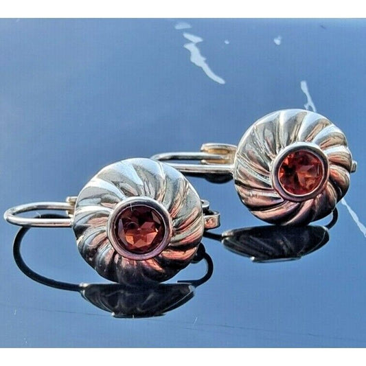 VINTAGE 925 STERLING SILVER 4.5 mm.  ROUND NATURAL  GARNET CIRCLE EARRINGS AT