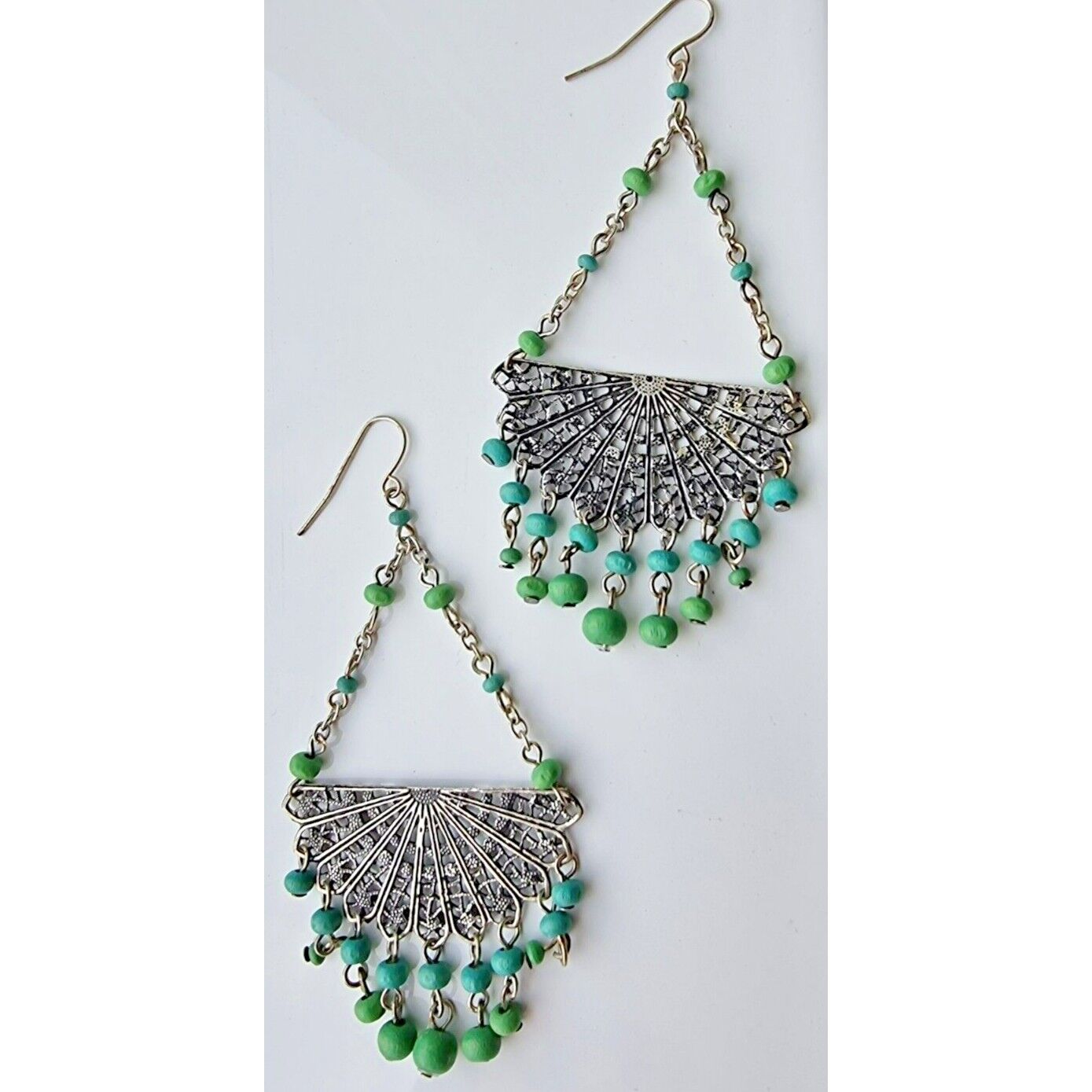 ETHNIC VINTAGE 925 STERLING SILVER WOOD  DROPS EARRINGS AT