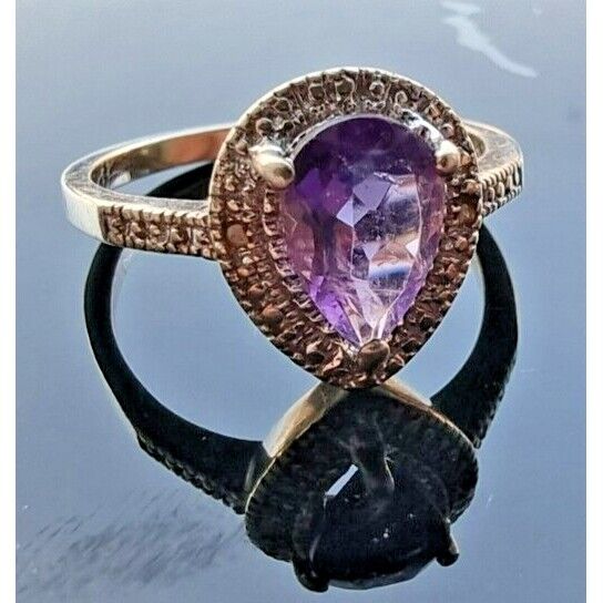 925 STERLING SILVER NATURAL  9x6 mm. PEAR SHAPED AMETHYST RING SIZE 8 AT