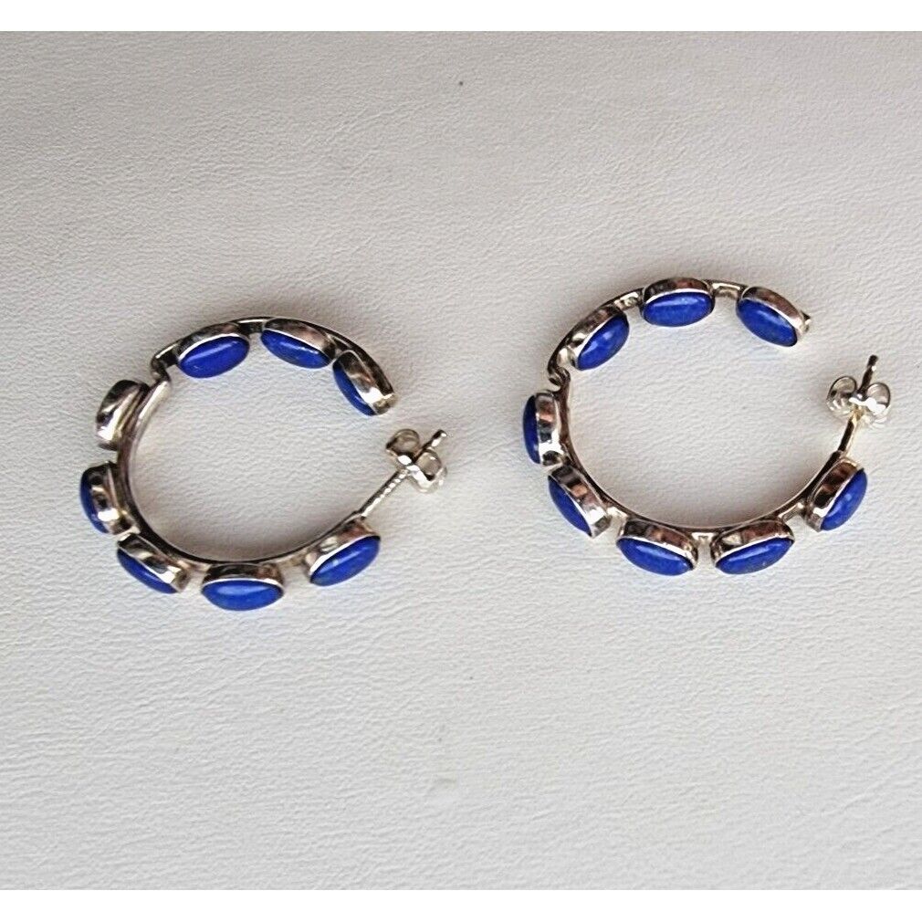 STYLISH 925 STERLING SILVER NATURAL LAPIS LAZULI HOOP EARRINGS AT