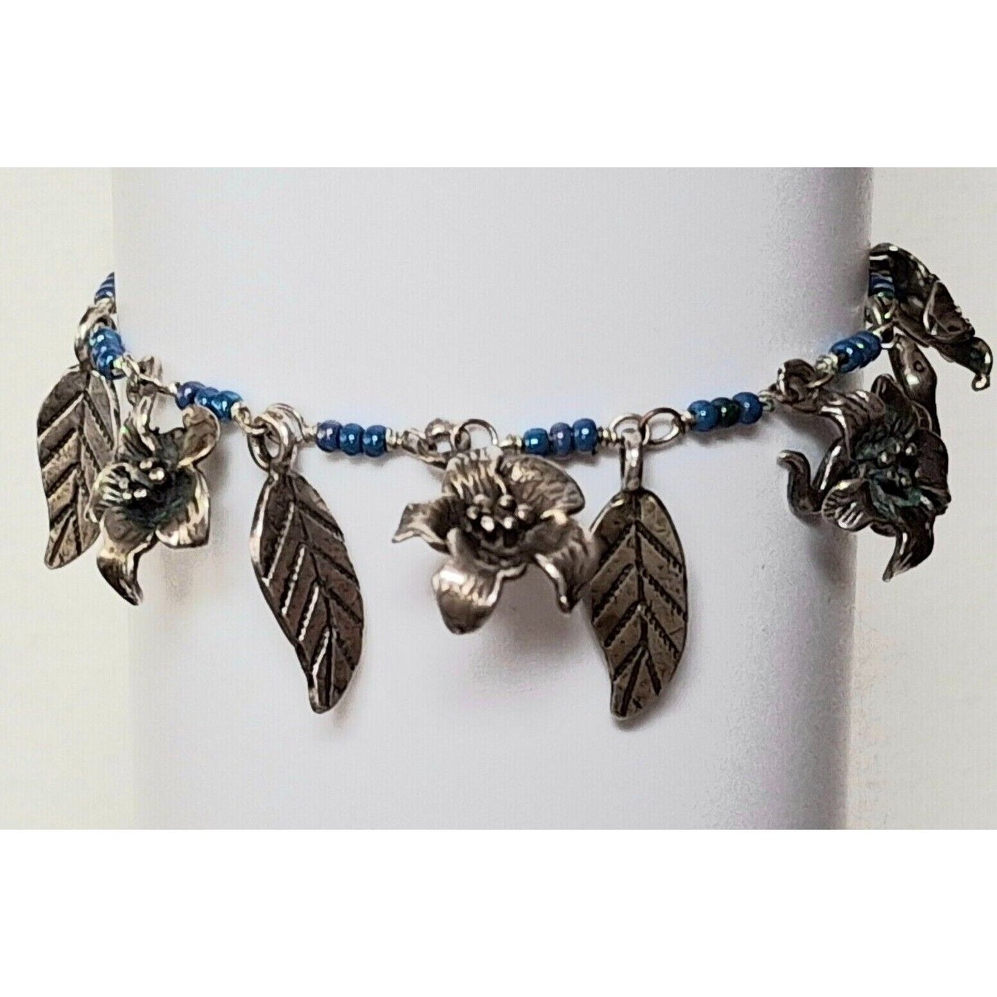 925 STERLING SILVER LEAVES,  FLOWERS  AND SNAKE BEADED CHARM BRACELET SKY