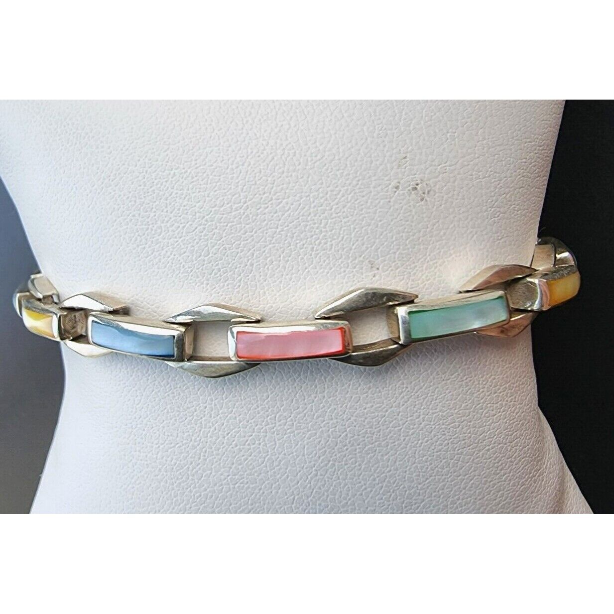 925 STERLING SILVER MULTICOLOR GEMSTONE INLAY BRACELET 7 INCH AT