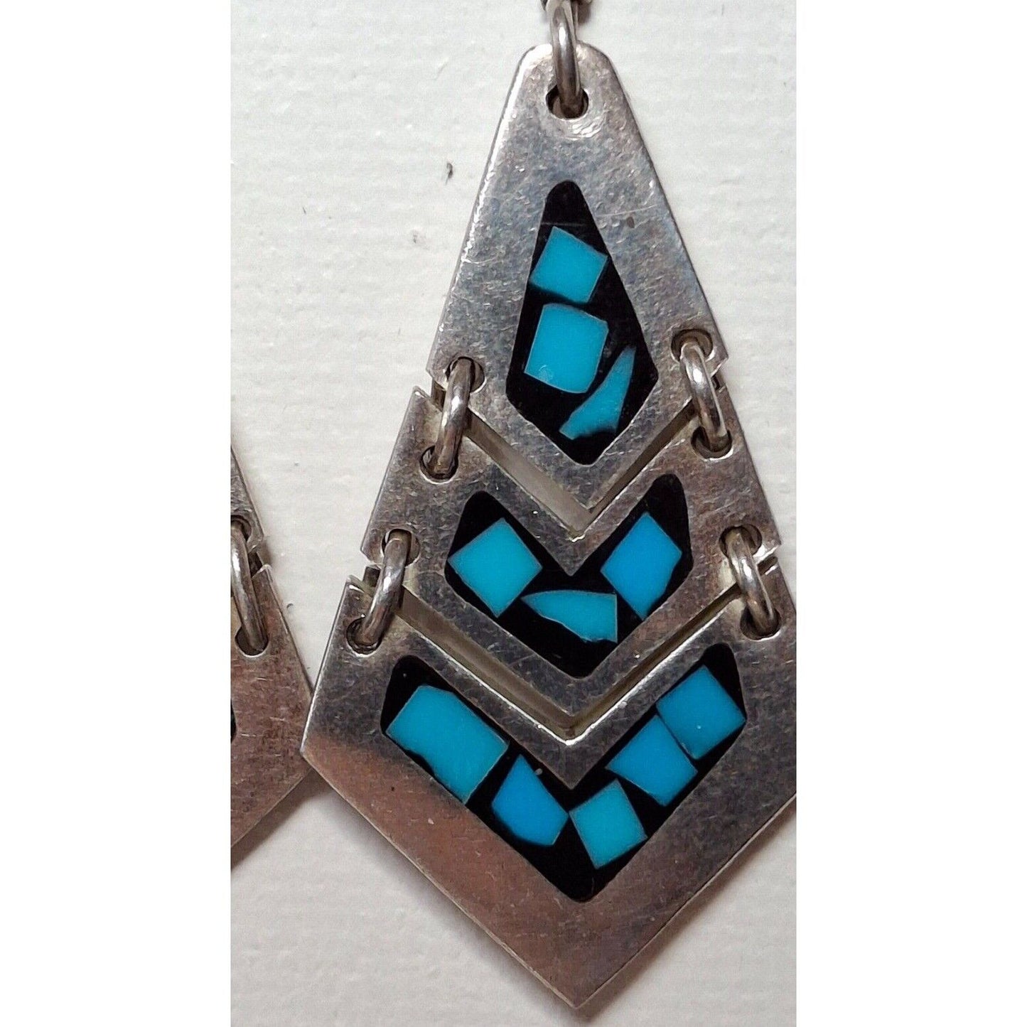 TAXCO 925 STERLING SILVER TURQUOISE INLAID SECTIONAL DANGLE EARRINGS SKY