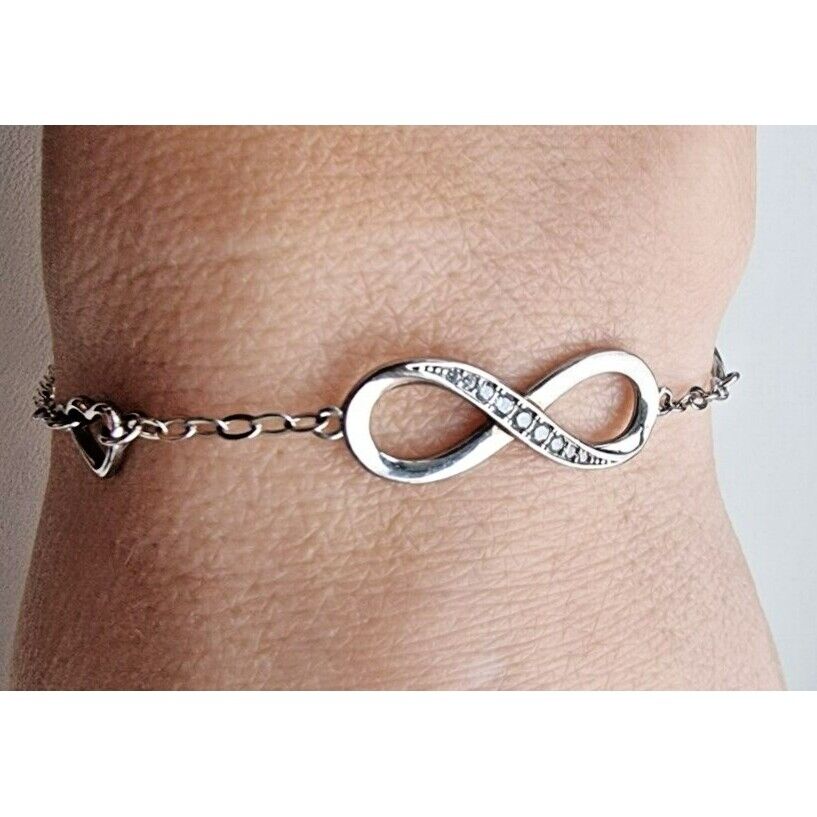 BILLIE BIJOUX DAINTY 925 STERLING SILVER INFINITY AND HEARTS BRACELET 8 inch AT