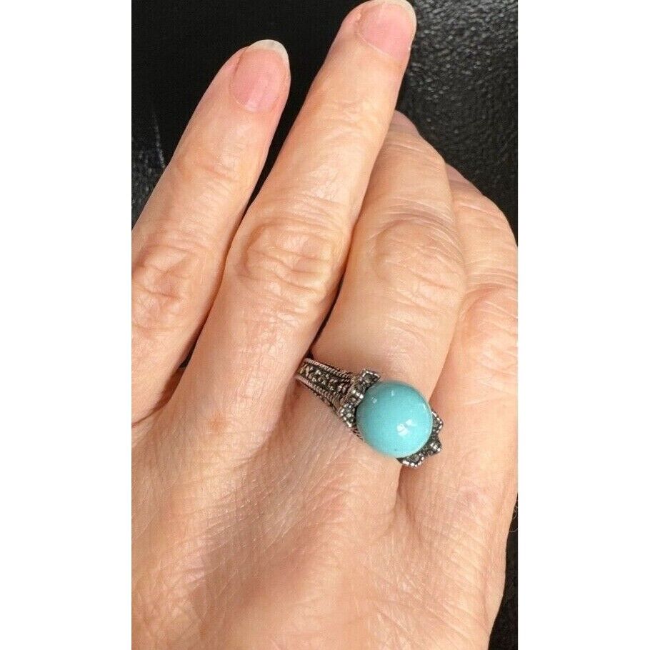 925 STERLING SILVER TURQUOISE AND MARCASITES RING  SIZE 6.75 SKY