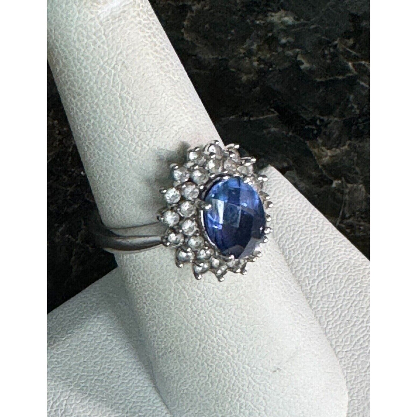 925 STERLING SILVER LAB-CREATED SAPPHIRE AND COLORLESS TOPAZ RING SIZE 6.5 SKY