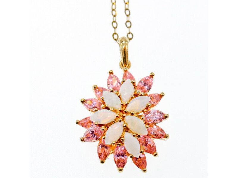 925 STERLING SILVER GOLD PLATED OPAL & MORGANITE CHAIN WITH PENDANT