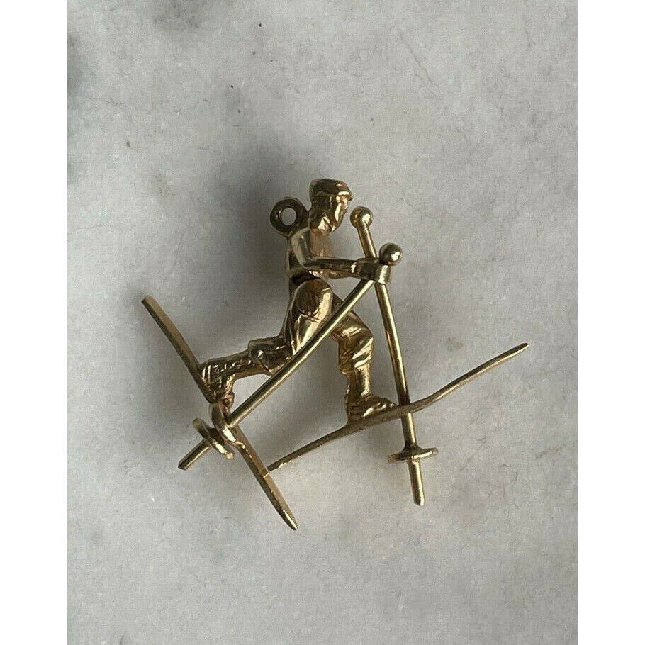 14K YELLOW GOLD ANIMATED SKIER CHARM OR PENDANT SKY