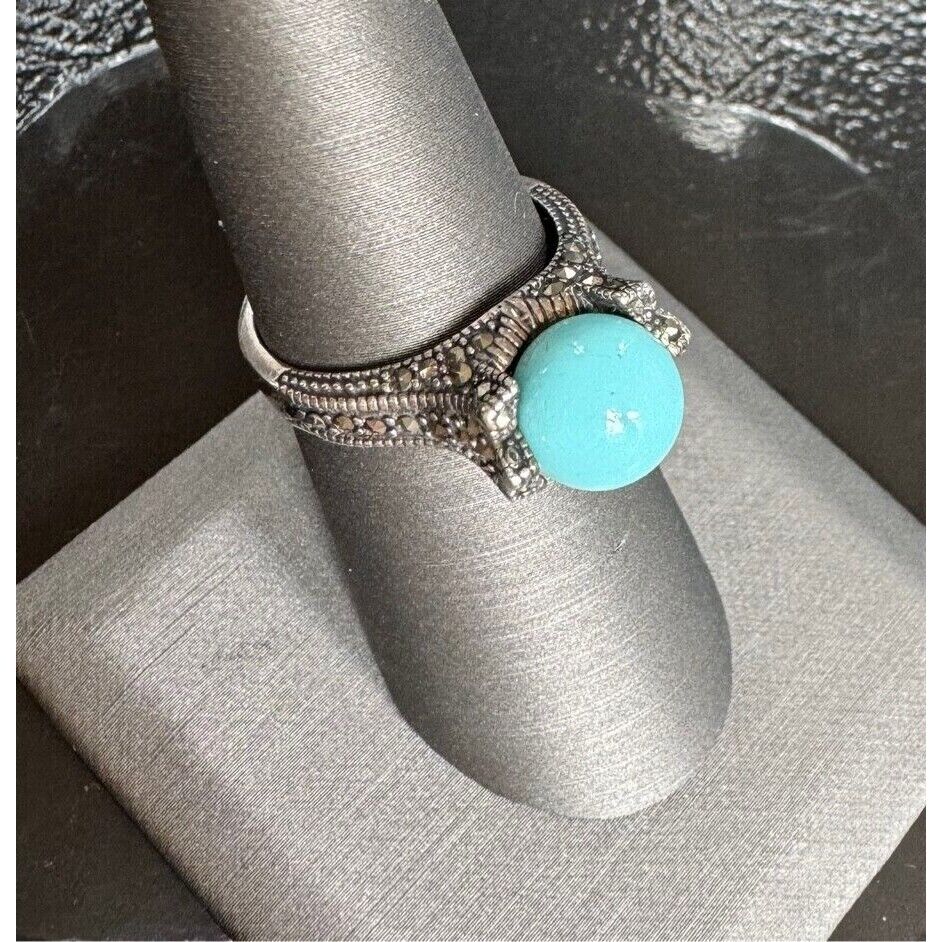 925 STERLING SILVER TURQUOISE AND MARCASITES RING  SIZE 6.75 SKY